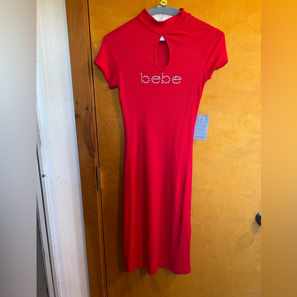 Bebe Red Bodycon Swarovski Crystal Keyhole Cutout Dress Sexy Small NWT